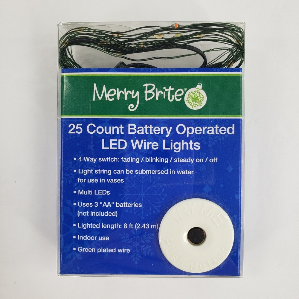 Merry Brite 25 ct LED Fairy Lights Battery Operated Multi Color Green Wire 8 ft